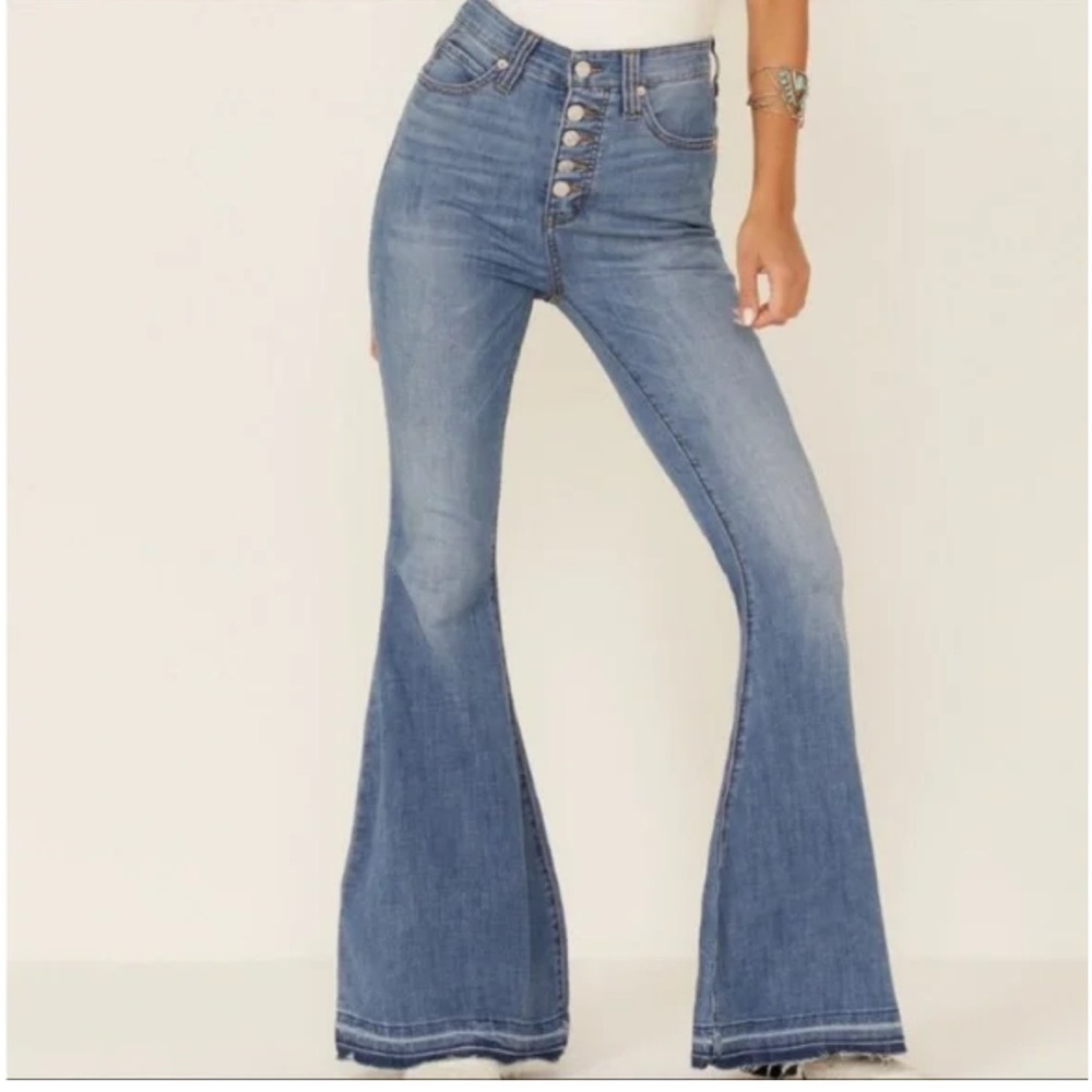 Free People Just Float On Flare Jeans Light Wash Button Fly Raw Hem Size 30 Boho